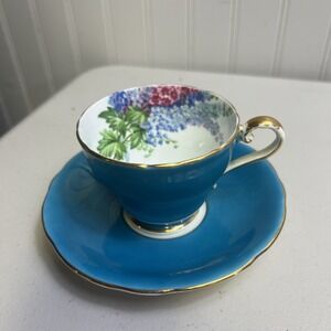 AYNSLEY Fine Bone China England Floral Turquoise Teacup & Saucer